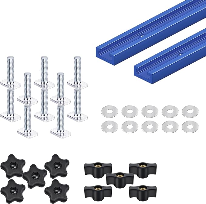 2 pack 36" T-Track with 20pcs T-Track Knob Kit for Woodworking with Screws, Aluminum Alloy Woodworking Tools Double Cut Profile Universal T-Tracks with Predrilled Mounting Holes anodized blue