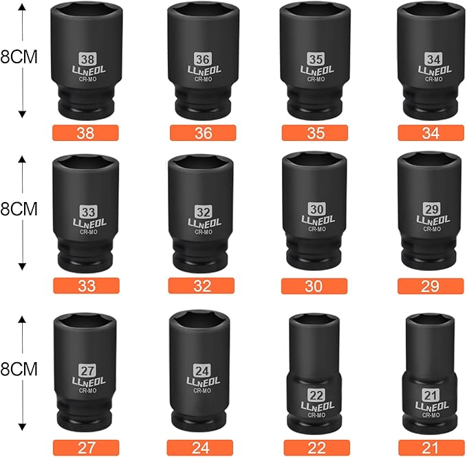 3/4 Inch Drive Socket Set, 12Pcs Impact Deep/Jumbo Sockets, Metric 21mm to 38mm, 6-Point CR-MO Heavy-Duty Big Socket Set for Large Vehicle & Equipment Maintenance