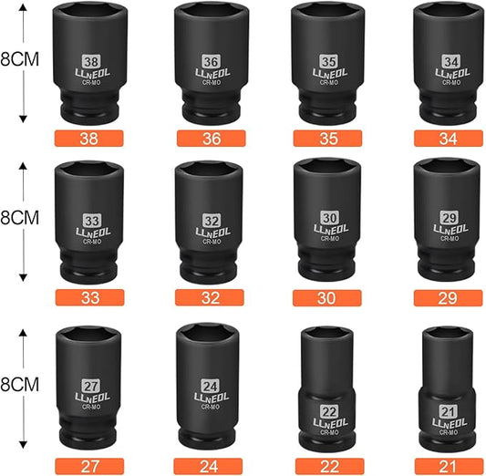 3/4 Inch Drive Socket Set, 12Pcs Impact Deep/Jumbo Sockets, Metric 21mm to 38mm, 6-Point CR-MO Heavy-Duty Big Socket Set for Large Vehicle & Equipment Maintenance