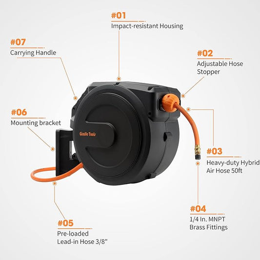 Giraffe Tools Retractable Air Hose Reel Enclosed with 3/8 in. x 50 ft Hybrid Hose, Lightweight Compressor Hose Reel Wall Mounted with 180째 Swivel Bracket, 300 PSI