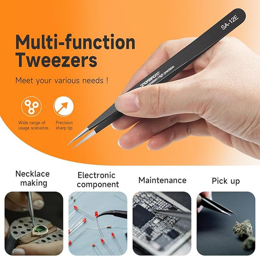 TOWOT Precision Tweezers, Upgraded Anti-Static Stainless Steel for Electronics, Craft, Soldering, and Experimental Work, Jewelry Making Curved Tweezers
