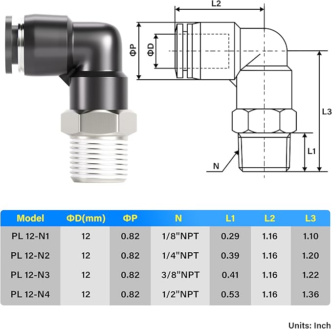 TAILONZ PNEUMATIC Male Elbow 12mm Tube OD x 1/4 Inch NPT Thread 90 Push to Connect Fittings PL12-N2 (Pack of 2)