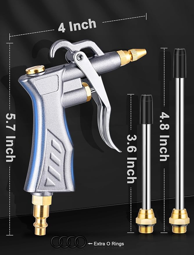 JASTIND Industrial Air Blow Gun with Brass Adjustable Nozzle, 8-14 Inch & 2 Steel Air Flow Extensions, High Volume Air Tool Dust Blower Gun for Air Compressor Attachments