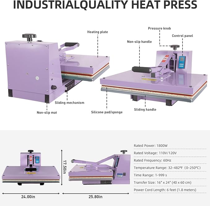 Heat Press 16x24 in, Manual Heat Press Machine for T Shirts, Swing Away T Shirt Pressing Machine for Garments Bag Textile Curtain Mousepad, with Slide-Out Base, Purple