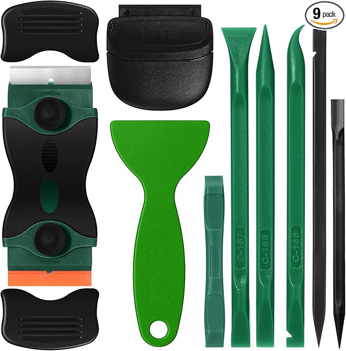 Tallew 9 Pcs Plastic Scraper Tool Sticker Plastic Razor Blade Scraper Plastic Pick Plastic Non Scratch Tool Putty Knife for Window Floor Label Removal Paint Cleaning(Green)