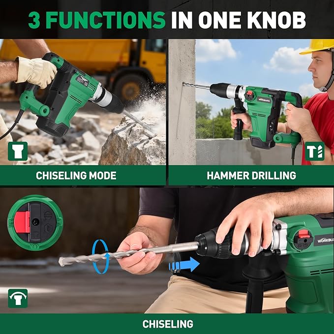 1-1/2 Inch SDS-MAX Heavy and Duty Rotary Hammer Drill: 13 Amp Corded Hammers Drill - Hammers Drill for Concrete Demolition Chipping, 3 Functions, 6 Speeds, Safety Clutch, 2 Chisel