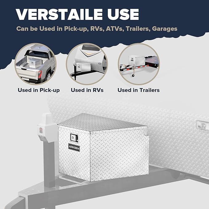 ARKSEN 33 Inch Heavy Duty Diamond Plate Aluminum Trailer Tongue Box Pickup Truck Tool Box Storage Organizer with Weather Resistant Seal, Lock & Keys - Silver