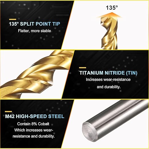 PATIKIL 6.6mm Drill Bit, M42 8% Cobalt High-Speed Steel Jobber Straight Shank 135° Titanium Nitride (TiN) Coated for Hard Metal Stainless Steel - 1 Pack
