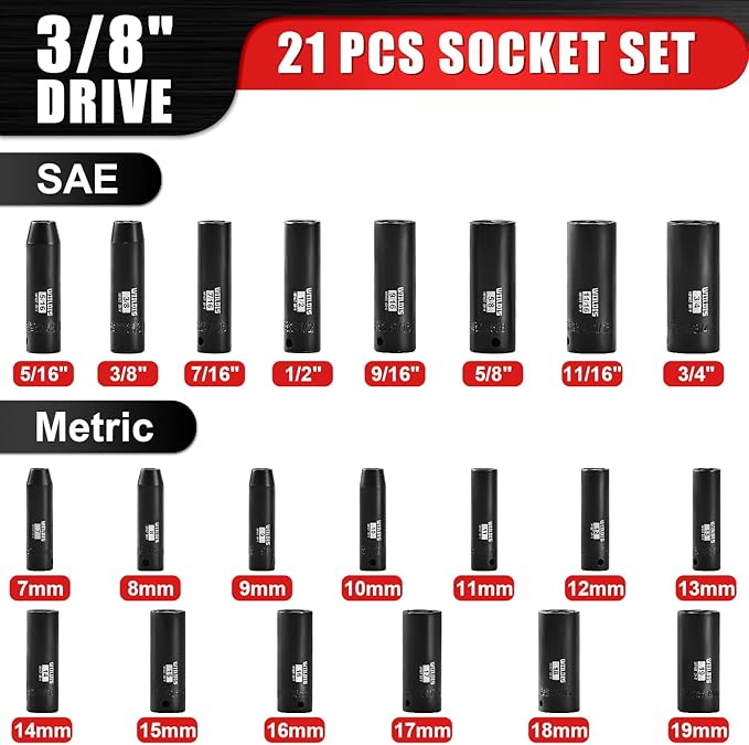 21 Pieces 3/8" Drive Deep Impact Socket Set, Standard SAE (5/16"to 3/4") & Metric (7mm to 19mm), 6 Point Design, Deep, Premium Cr-V Steel