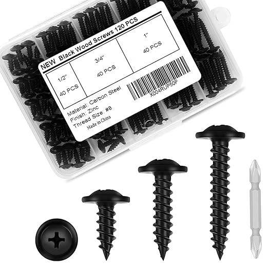 120 PCS #8 Phillips Truss Head Black Wood Screw Assortment - Self-Tapping Fasteners for Wall Plates & Woodworking (1/2", 3/4", 1") with Screwdriver Bit