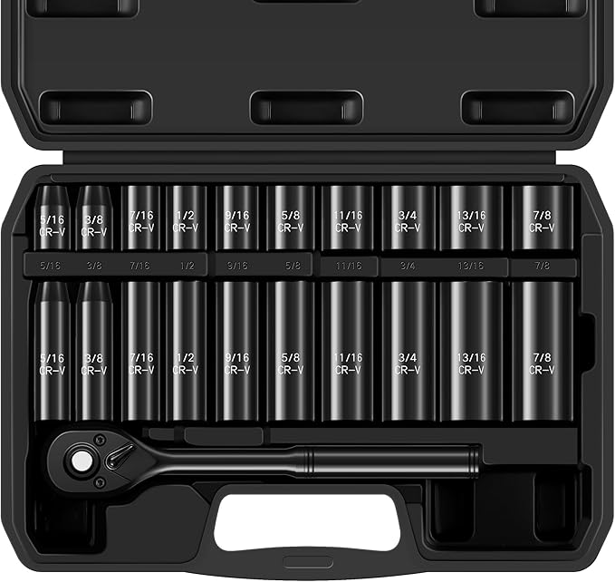 Aloanes 3/8" Drive Impact Socket Set, 21-Piece Deep & Shallow Sockets SAE (5/16"- 7/8"), 72-Tooth Ratchet Wrench, 6 Point Design, Cr-V Steel