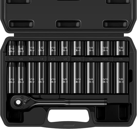 Aloanes 3/8" Drive Impact Socket Set, 21-Piece Deep & Shallow Sockets SAE (5/16"- 7/8"), 72-Tooth Ratchet Wrench, 6 Point Design, Cr-V Steel