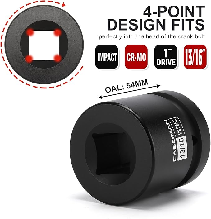 CASOMAN 1-Inch Drive Impact Socket Set-13/16", 4-Point Square Socket, CR-MO