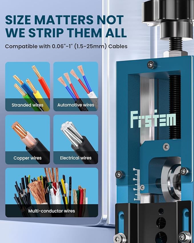 Frstem Manual Wire Stripper Machine, 0.06''-0.98'' Wire Stripping Machine with Hand Crank or Drill Powered, 65 MN Spring Steel Blade Portable Aluminum Frame Wire Peeler for Scrap Copper Recycling