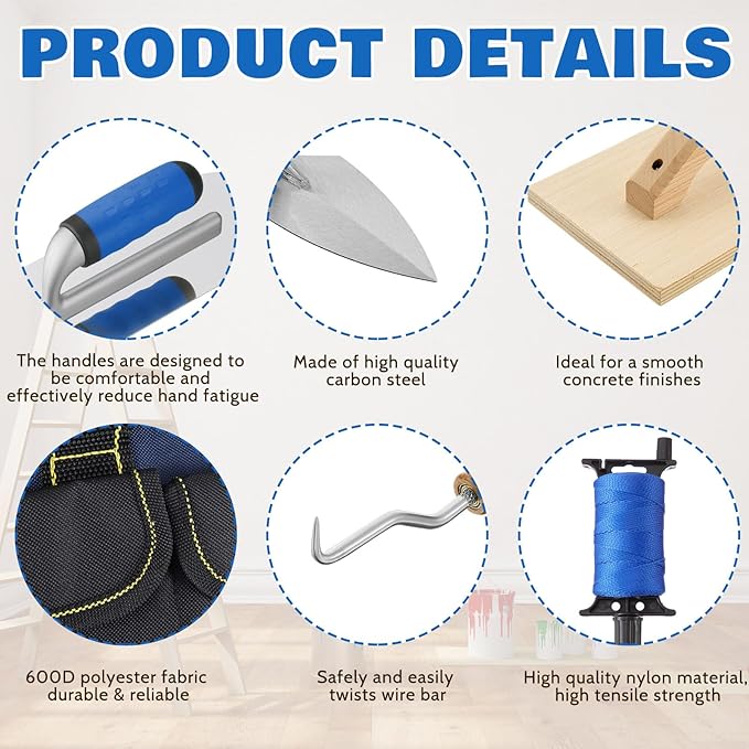 18 Pcs Masonry Hand Tool Set in Tool Bag Includes 6 Pcs Trowel Set Wooden Sanding Board Stainless Steel Putty Knife Brush Rebar Hook Masonry Kit Rubber Gloves Construction Wire(Blue)