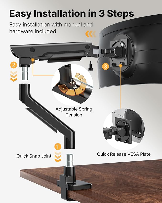 monTEK Sleek Aluminum Monitor Arm for 17??7??Ultrawide Screens up to 59.4 lbs, Heavy Duty Single Monitor Arm Desk Mount, Pneumatic Lift, Quick-Release Plate, Clamp/Grommet, Max VESA 100x100