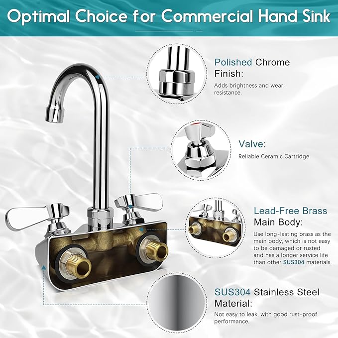 Leak-Free Commercial Hand Sink Faucet, 4 Inch Center Wall Mount Kitchen Sink Faucet for Bar Restaurant, Brass Constructed & Chrome Polished, with 3-1/2" Gooseneck Spout & Dual Lever Handles
