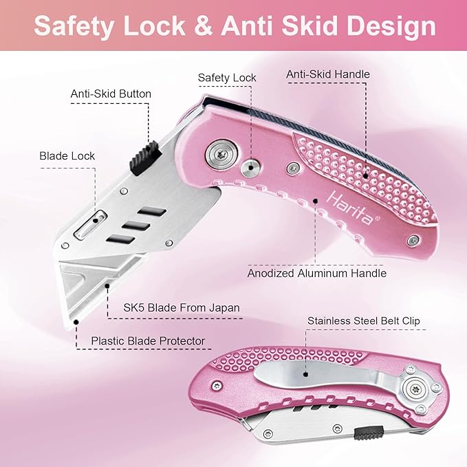 Box Cutter, Folding Utility Knife with Aluminum Handle, Heavy Duty Knife, Back-lock Mechanism, Stainless Belt Clip, for Carpet, Carton, Box, Cardboard, with 5-piece Extra Blades (Pink)