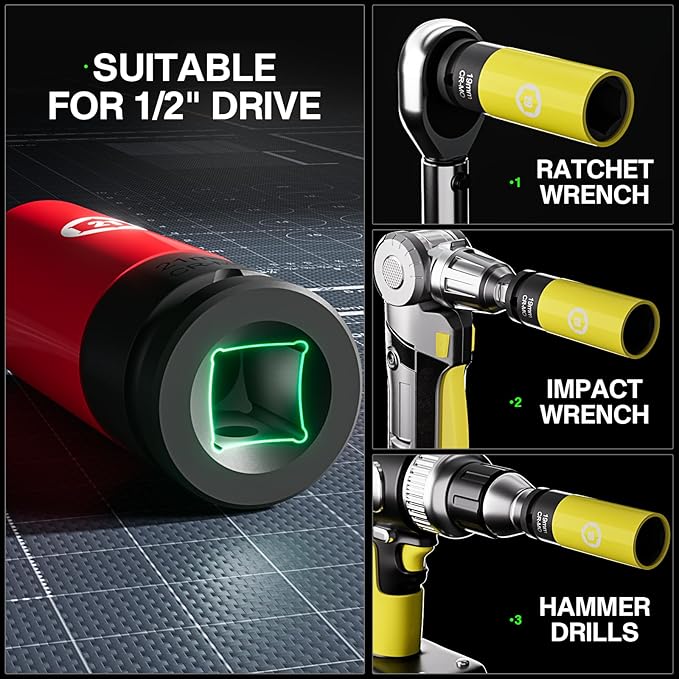 5 Pieces 1/2 inch Drive Impact Lug Nut Socket, Metric 15 17 19 21 22 MM Thin Wall Deep Socket Set with Non-Marring Wheel Protectors