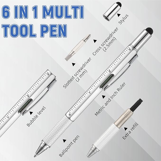 Yeaqee 40 Pcs Stocking Stuffers Bulk for Men 6 in 1 Screwdriver Multi Tool Pens with Refills Ruler Level Gauge for Party Favor Father's Christmas White Elephant Gifts (Classic Color)