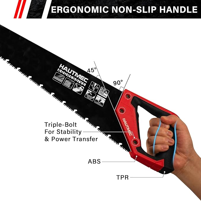 HAUTMEC 22" Aggressive Hand Saw with Chip Removal Design, Heavy-Duty Wood Saw with 9 TPI Triple-Ground Teeth, Rust-Proof Low-Friction Blade & Ergonomic Handle for Labor-Saving & Fast Cutting - HT0026
