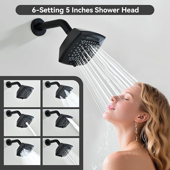 2 Handle Shower Faucet Set with Tub Spout 6-Spray Shower Head and Handle Set Shower Trim Kit with Rough-in Valve Bathroom Shower Faucet Valve Trim Kit Matte Black