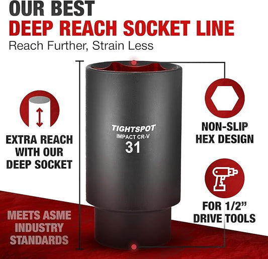 TIGHTSPOT 1/2 Inch Drive - 31 mm Deep Impact Socket with Anti-Rounding 6 Point Design, Heat-Treated CRV Steel, Metric