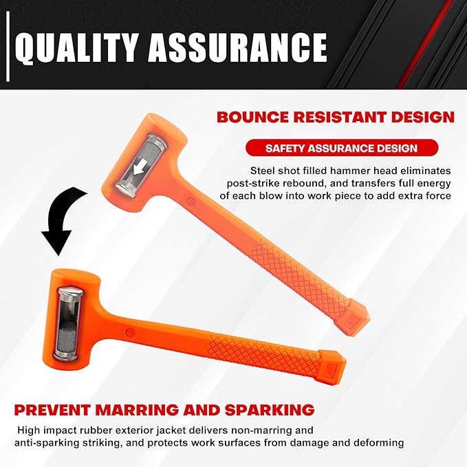 C&T 3-Pieces Dead Blow Hammer Set, Brass Hammer, Ball-Peen Hammer, and Dead Blow Hammer,Orange,Shockproof Design, No Rebound Hammer, Unibody Molded Checkered Grip, Spark and Rebound Resistant
