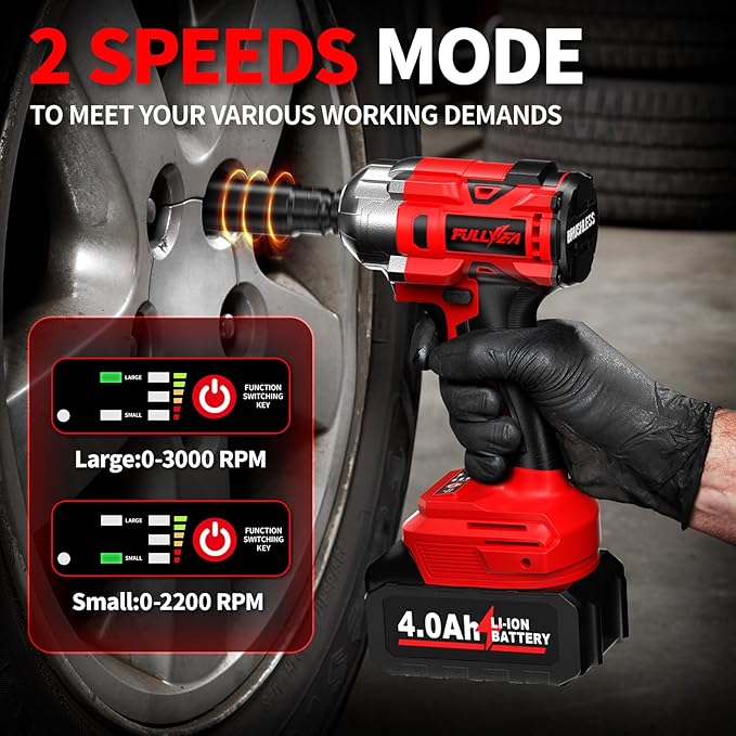 Cordless Impact Wrench 1/2 Inch, 406Ft-lbs (550N. M) Brushless Impact Gun Kit, 3000RPM High Torque Power Impact Wrench, 4.0Ah Battery & Fast Charger, Electric Impact Driver for Car Home