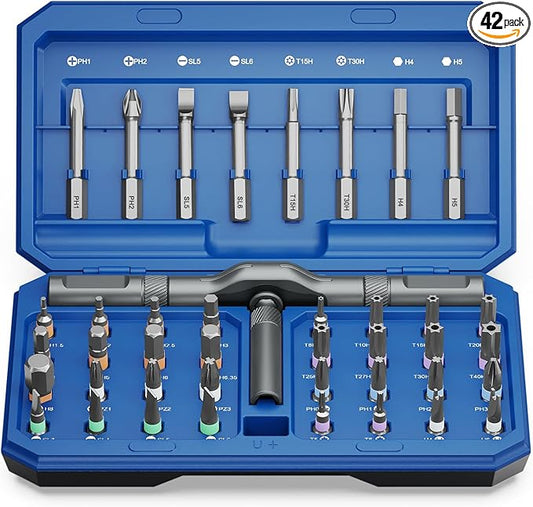 42 in 1 Magnetic Screwdriver Set, AMIR Ratchet Screwdriver Set for Christmas Gifts, DIY Repair Tool Kit with Magnetic Multi Bit, Rotatable T Handle for Furniture, Computer