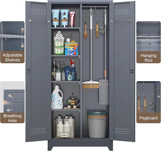 GREATMEET 72.8" Broom Storage Cabinet竊똌etal Storage Cabinets for Cleaning Supplies with Pegboard, Utility Closet, Broom Mop Cabinet, Grey