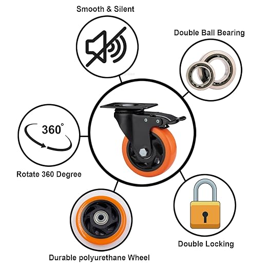 4" Caster Wheels, Casters Set of 8 Heavy Duty - Orange Polyurethane Castors, Top Plate Swivel Wheels, 8 Pack Industrial Casters with Brake, Locking Caster for Furniture and Workbench