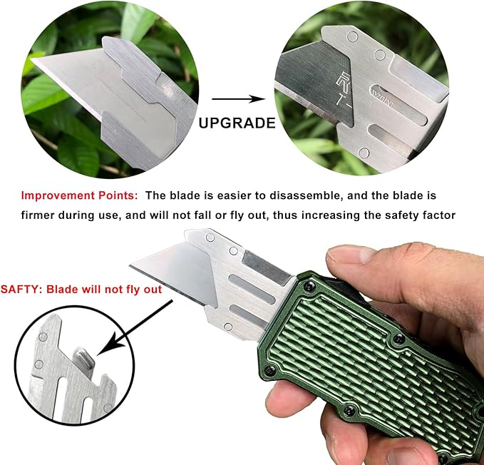 Automatic Utility Knife, Green Razor Blades Pocket Knife, Box Cutters Retractable Heavy Duty, Premium Safety Push Button Knife with 5PCS Blades (Green)