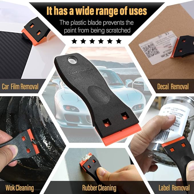 Sticker Scraper Tool Set include 120 Pcs 1.5 Inch Plastic Scraper Blades + 2 Pcs Plastic Razor Blade Scraper for Auto Vinyl Wrap Window Tint Glass Cleaning Adhesive Glue Paint Remove Plastic Scraper