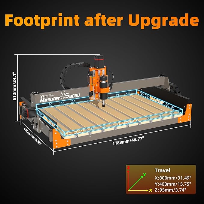FoxAlien 3S 8040 X-axis Extension Kit with T-slot Hybrid Spoilboard for Masuter 3S CNC Router Machine, for Large Engraving Carving Projects (Extend X-axis to 800mm)