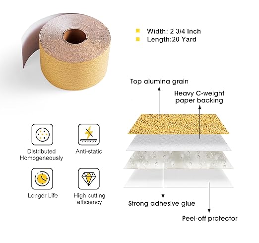 S SATC 60 Grit PSA Longboard Sandpaper 20 Yard Long Continuous Roll, 2-3/4" Wide Self Adhesive Stickyback Sanding Sheets for Automotive, Hand Sanding Blocks,Woodworking, Metal, Plastic