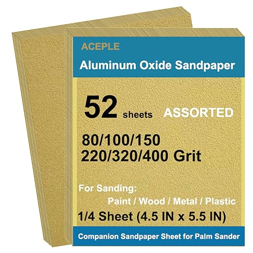 52Pcs Aluminum Oxide Sandpaper Variety Pack, 1/4 Sheet Sand Paper Assorted for Block Sander Wood Metal Wet Dry Sanding 80/100/150/220/320/400 Grits (4.5 x 5.5 Inch)