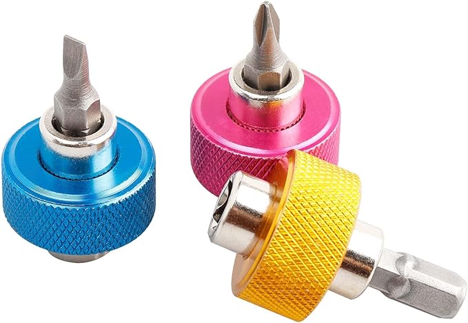 Yakamoz 3Pcs 1/4?쇺?Stubby Screwdriver Set - 2 in 1 Mini Screwdriver with Phillips Slotted Bit and Square Drive Adapter Multi-functional Finger Bit Driver Nut Driver for Tight Spaces (Pink/Blue/Yellow)