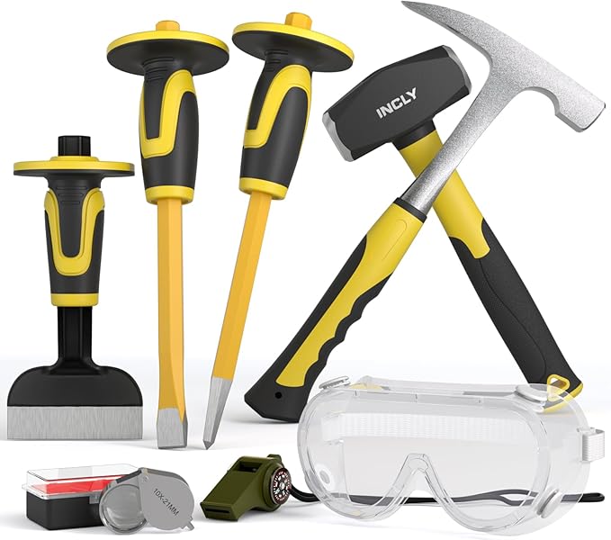 INCLY 8PCS Geology Rock Pick Equipment Kit, 3lb Sledge & 32oz Rock Hammer with 3PCS Concrete Chisel, Safety Goggles, Jewelers Loupe, Rock Hounding Equipment for Splitting, GoldMining, Stone Breaking