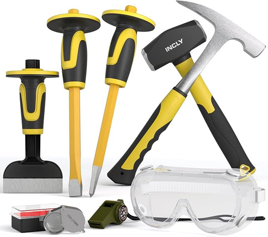 INCLY 8PCS Geology Rock Pick Equipment Kit, 3lb Sledge & 32oz Rock Hammer with 3PCS Concrete Chisel, Safety Goggles, Jewelers Loupe, Rock Hounding Equipment for Splitting, GoldMining, Stone Breaking