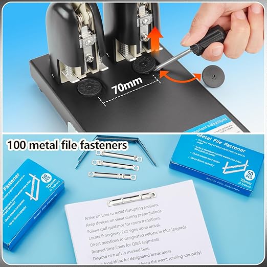 Heavy Duty 2 Hole Punch for Binder:Worklion Metal Power Two Hole Paper Puncher, 150 Sheets Capacity,2 3/4"(70 mm) Hole Distance, with 100PCS Paper Fasteners