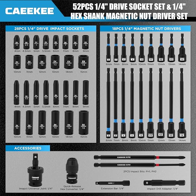 52PCS Socket Set & Magnetic Nut Driver Set, 1/4" Dr. Deep & Shallow Impact Sockets (4mm-15mm), 1/4" Hex Shank Nut Drivers (6mm-14mm), Quick-Release Hex Converter, Storage Case
