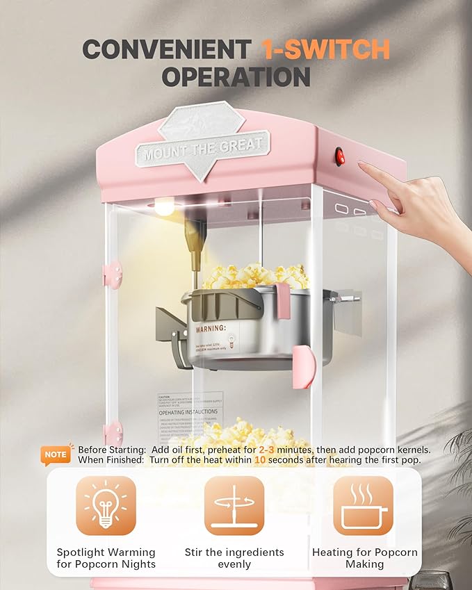 8 Oz Popcorn Machine, Tabletop Popcorn Maker, Countertop Pop Corn Machine Makes Up to 32 Cups, Movie Theater Popcorn Popper Machine with Stainless-Steel Kettle for Home Family, 300 W, Pink