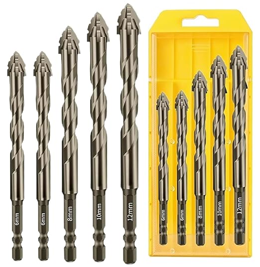 5 Piece Set of Four Flute Drill Bits High Hardness Eccentric Twist Drill Bits Set for Concrete Masonry Wood Stone Glass Ceramic Bricks Metal Plastic Sizes6/6/8/10/12