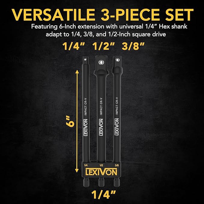 LEXIVON 6-Piece Impact Grade Socket Adapter Set - 3" & 6" Extension Bit With Holder | 1/4", 3/8", and 1/2" Drive, Adapt Your Power Drill To High Torque Impact Wrench (LX-105)