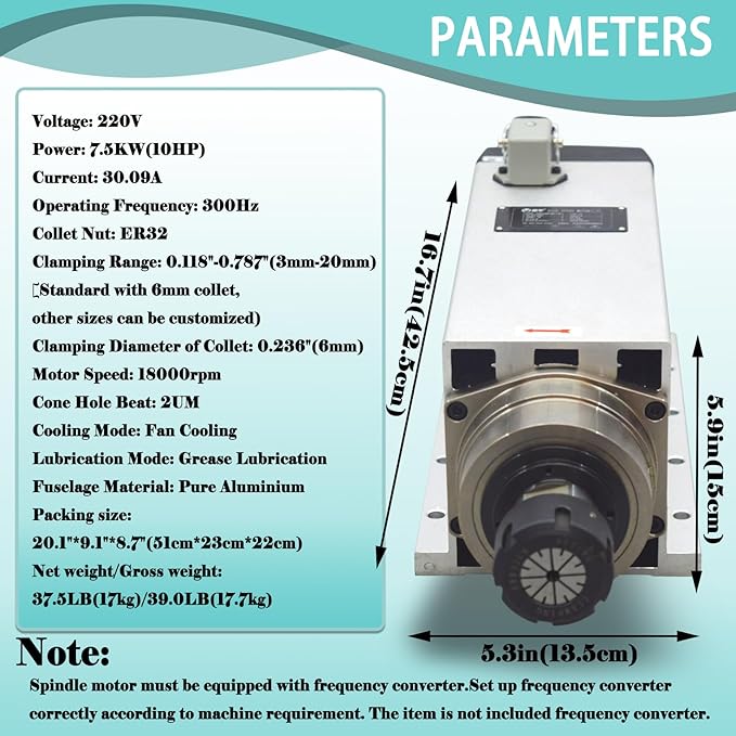 INTBUYING Spindle Motor 7.5KW/10HP 18000RPM High-Speed CNC Motor ER32 Collet Fan Cooling for Wood, Metal, Stone, Plastic Carving, Engraving and Milling 220V
