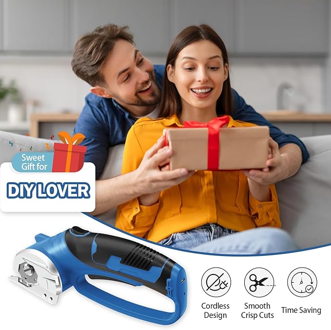 Cordless Electric Scissors, 4V Rechargeable Box Cutter & Cardboard Cutter with Titanium Blade, LED Light, Safety Lock - Rotary Cutter for Fabric, Leather, Carpet, Plastic, Crafting, Sewing(Slate Blue)