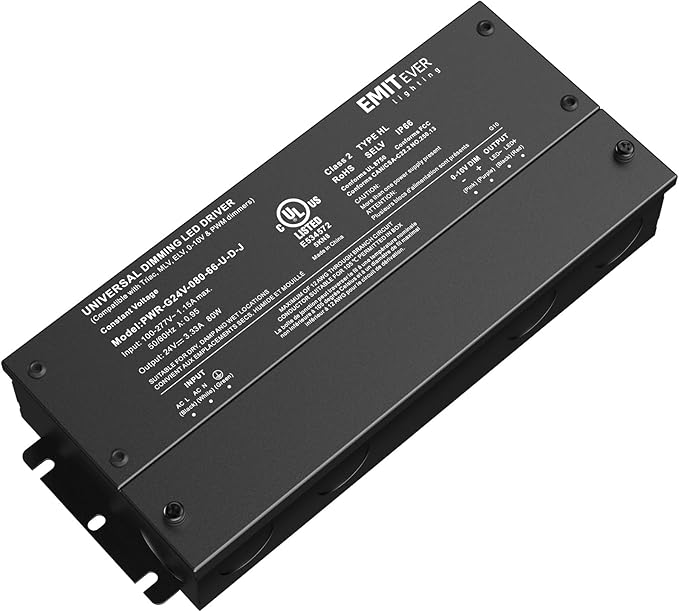 EMITEVER Dimmable Led Driver, 80W AC 110V-277V to DC 24V Transformer, 5-in-1 Dimming: ELV/MLV/TRIAC / 0-10V / 1-10V / 10V PWM/Potentiometer,Class 2,Waterproof IP67 and UL Listed竊똂lass 2