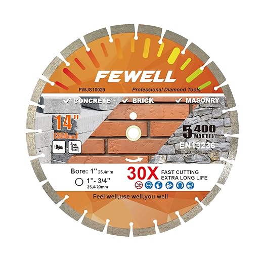 FEWELL14 Inch Diamond Concrete Saw Blade,15mm Segment General Purpose Blade Dry/Wet Cutting Concrete Masonry Brick Block Stone with a 1"-20mm Adapter