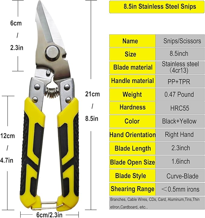 Heavy Duty Scissors 8.5 Inch Aviation Tin Snips Stainless Steel Straight Metal Cutter Pruning Shears Wire-cutters